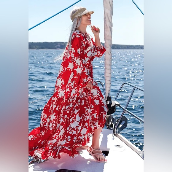 JOHANNA ORTIZ x H&M Voluminous Satin Maxi Dress in Red/Wild Roses - Picture 13 of 16